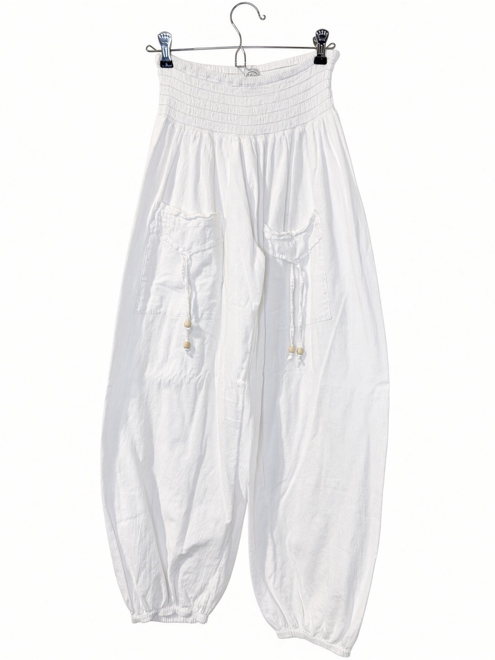 Blanco by Nature White Harem Balloon Pants L Smocked Boho Peru